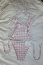 Load image into Gallery viewer, Pink Gingham Rose Scrunchie Bikini Bottom
