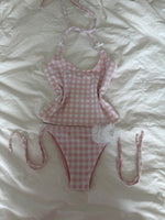 Load image into Gallery viewer, Pink Gingham Rose Scrunchie Bikini Bottom
