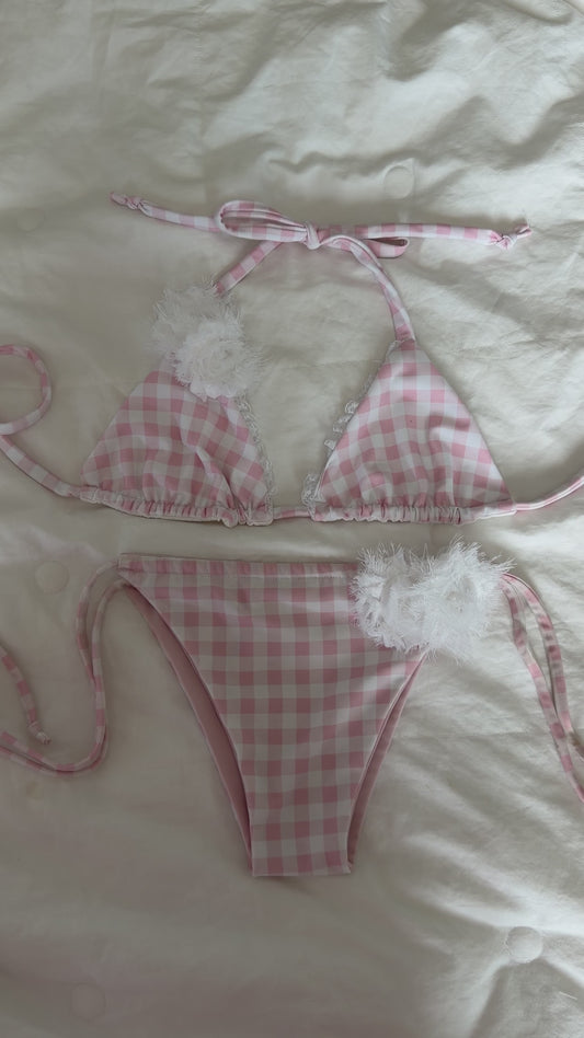 Pink Gingham Rose Scrunchie Bikini Bottom