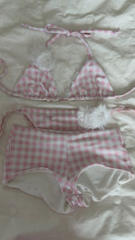 Load and play video in Gallery viewer, Pink Gingham Rose Scrunchie Bikini Bottom
